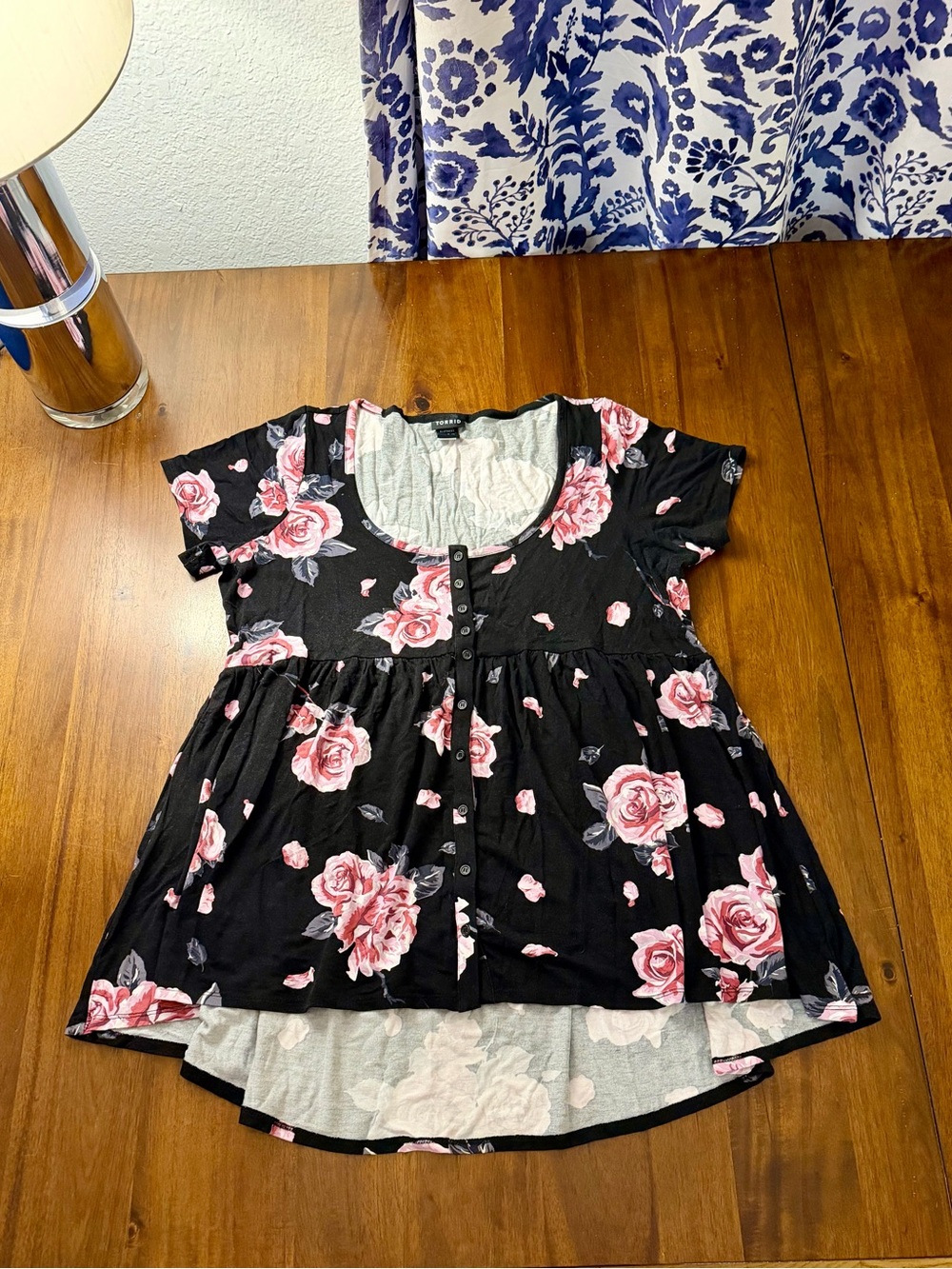 Torrid Black Floral Button-Front Top with Pink Roses